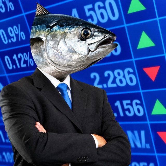 Stockfish, the fish in the suit, in front of a trading board
